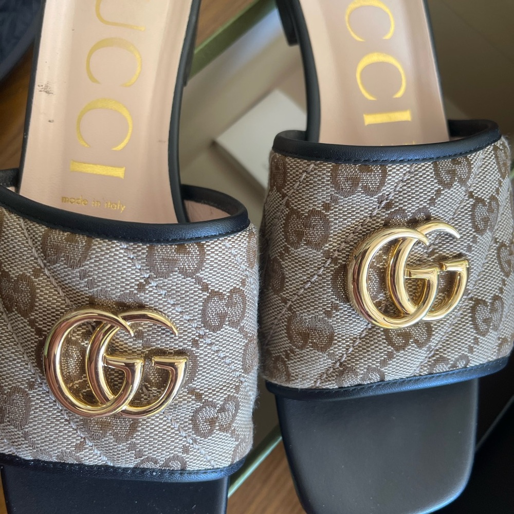 Gucci Brown Monogram GG Logo Slide Mules with Gold Hardware